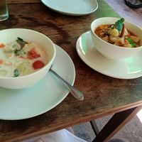 Tom Kha and Tom yumm from cooking class at Bodhi Tree Cafe in Chiang Mai
