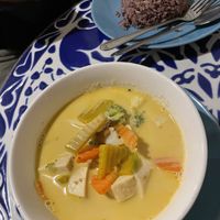 Yellow curry with tofu, vegetables and rice  at Bodhi Tree Cafe in Chiang Mai