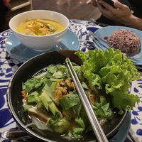 Noodle soup with mushrooms and tofu (tofu was missing)  at Bodhi Tree Cafe in Chiang Mai