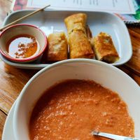 Blended Gazpacho and spring rolls.  #Veganuary at Bodhi Tree Cafe in Chiang Mai