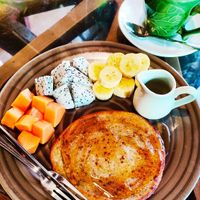 Vegan pancake and fresh fruit at Bodhi Tree Cafe in Chiang Mai
