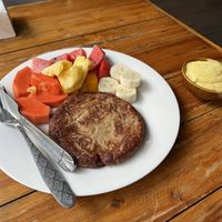 Vegan Pancake with Fruit and Passionfruit Yogurt side  at Bodhi Tree Cafe in Chiang Mai