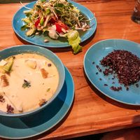 Massaman, brown rice and cucumber salad at Bodhi Tree Cafe in Chiang Mai