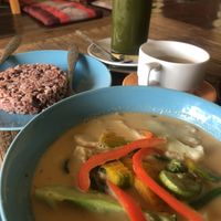 Red vegan curry, cafe, matcha green tea  at Bodhi Tree Cafe in Chiang Mai