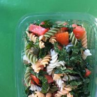 gluten free pasta with kale, craisins and pumpkin seeds at Natural Choice Cafe in Jerusalem