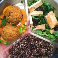 "Indian Burger Bites", kale salad with tofu, quinoa in a platter!  at Natural Choice Cafe in Jerusalem