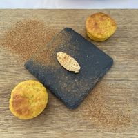 Amuse: potato muffins with tamarind cream and sourdough crumble  at Mediamatic ETEN in Amsterdam