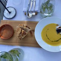 Starter: carrot soup with sourdough bread and olive oil at Mediamatic ETEN in Amsterdam