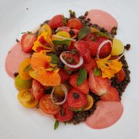 2nd course - cherry tomatoes, strawberries, lentils with some very vinegary dressing at Mediamatic ETEN in Amsterdam