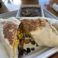 Vegan breakfast burrito with chili and beyond sausage   at The Corner Beet in Denver