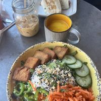 Thai salad, breakfast burrito, oat iced latte, turmeric lattee  at The Corner Beet in Denver