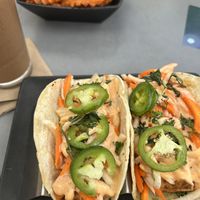 Tofu bahn-mi tacos and sweet potato waffle fries   at Vital Root in Denver