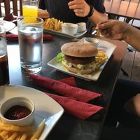 Traditional vegan burger with fries  at Cowboy Burger Restaurant in Landau