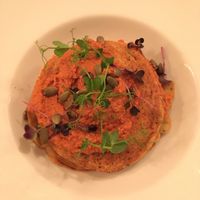 Chickpea pancakes with roasted pepper spread at Manna Manna in Brasov