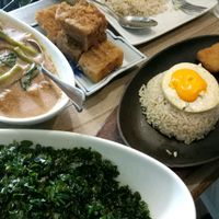 Malunggay Dilis, Kare-Kare, Lechon Kawali, Chickun Nuggets with Sunny-Side-Up Egg, all vegan and delicious! at Greenery Kitchen in Makati