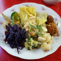 Plate of the day: red kidney beans balls + potato/celery root millefeuille + plenty of vegetables at Les 4 Jeudis in Brussels