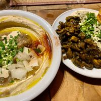 Hummus with ful and mushrooms with baba ghanoush at Hummus & Friends in Berlin