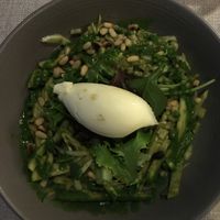 Vegan starter when I visited on April 2019. It was a small salad with raw and cooked vegetables, pine nuts, some kind of green pesto and lemon sorbet. Very good! at Le Bistrot des Belles Caves in Tours