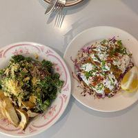 Left - vegan Caesar with smoked tofu, Right - vegan crab cakes at Talula's Pizza in Asbury Park
