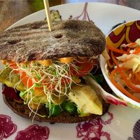 Green pea tempeh burger. at Oh my Goodness in Helsinki