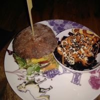 Very mustardy pea tempeh burger at Oh my Goodness in Helsinki