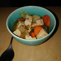 Lunch soup of tofu and vegetables at Oh my Goodness in Helsinki