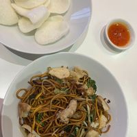 Prawn crackers and ‘ch*ken’ chow mein  at Loving Hut - Southgate in Crawley