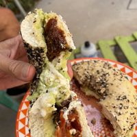 Tofu cream cheese with sun dried tomatoes and avocado bagel sandwich   at Sa Ruta Verda in Mallorca