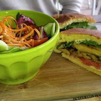 JERK TEMPEH PANINI WITH CHIPOTLE MAYO
jerk tempeh, plantain, tomato, cashew cheese sauce, arugula at Holi Vegan Kitchen in North Miami Beach