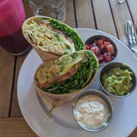 Avocado and chickpea wrap with juice #4 at Holi Vegan Kitchen in North Miami Beach
