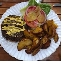 southern black bean burger w/ potato wedges :)  at Holi Vegan Kitchen in North Miami Beach