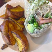 White bean “no tuna” wrap with roasted potatoes at Holi Vegan Kitchen in North Miami Beach
