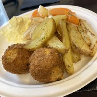Combo plate: okara balls, roasted potatoes, leeks and carrots, vegan mayo  at Wani Vegan Bakery in Rome