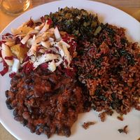 Piatto da 4 assaggi con riso rosso con zucca e cavolo nero, cicoria e olive, fagioli alla messicana, insalata di radicchio e arance at Amaranta Bio Bistrot in Rovereto