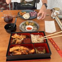 Tofu bento box, vegetable gyoza, tofu satay wrap    at Eat Me in Scarborough