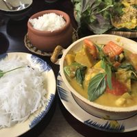 This is the pumpkin curry with sides of rice and vermicelli.
chickpeas, black beans, tofu, pumpkin, peppers, onions, basil and coconut milk  at Pi Vegetarian Bistro in Ho Chi Minh City
