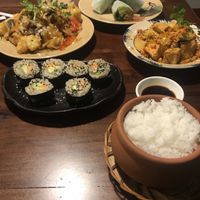 Summer rolls, maki, cauliflower in sesame sauce, tofu with lemongrass and chilli and a side of rice at Pi Vegetarian Bistro in Ho Chi Minh City