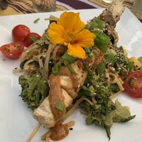 Thai tofu and noodles with satay  at Origins Cafe in Cooperstown