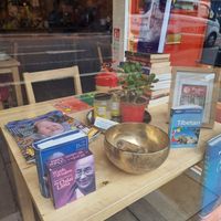 shop window with books at Himalaya Cafe in Edinburgh