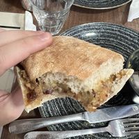 Vegan haggis ciabatta and the remnants of pea and mint soup  at The Flame Tree Cafe in Dundee