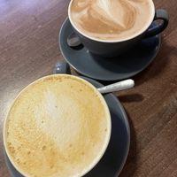 A Latte and a turmeric & cinnamon lattee  at The Flame Tree Cafe in Dundee