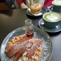 Bacon and waffles with maple syrup at The Flame Tree Cafe in Dundee
