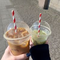 Iced coconut latte and iced oat matcha latte at The Flame Tree Cafe in Dundee