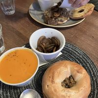 Veggie haggis bagels with extra mushrooms plus a cup of soup  at The Flame Tree Cafe in Dundee