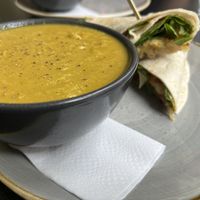 Curried vegetable soup plus onion bhaji wrap  at The Flame Tree Cafe in Dundee
