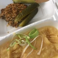 Mashed potatoes with bean patty and pickles  at Dobre Poledne in Mlada Boleslav