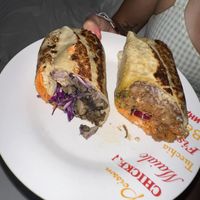 Chorizo burrito (right) and potato-garlic burrito   at Veguisima in Mexico City