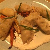 Tofu dumplings over ";vegetables"; (i.e.: carrots) with vegan sour cream at Veganic in Krakow