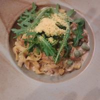 Tagliatelle with chanterelles and broad beans at Veganic in Krakow