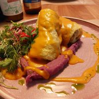 Grain Stuffed cabbage rolls on a potato and beetroot mash- amazing and very filling! at Veganic in Krakow